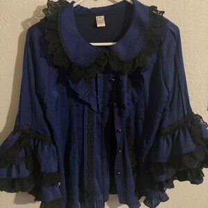 Striped Ruffle Lace Black Navy Blue Chiffon Lolita Blouse